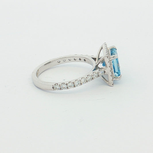 White Gold Blue Princess-Cut Halo Ring