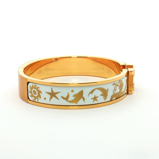 Hermès Clic H Patterned White Enamel Gold Bracelet