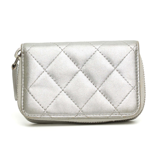 Chanel Silver Quilted Caviar Zippy Wallet