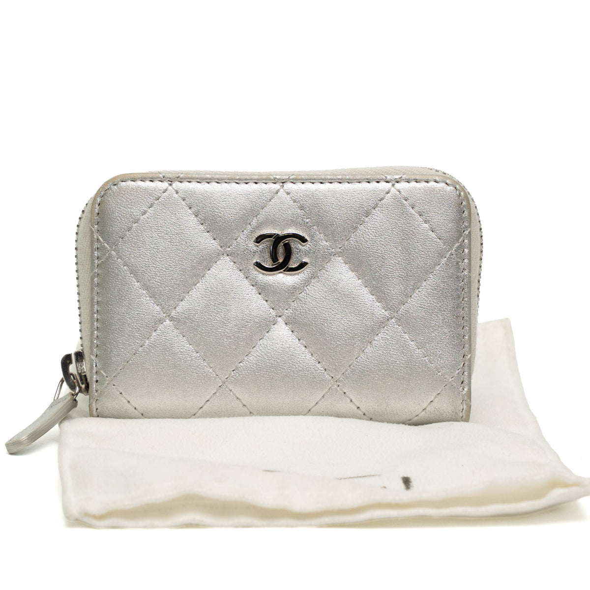 Chanel Silver Quilted Caviar Zippy Wallet