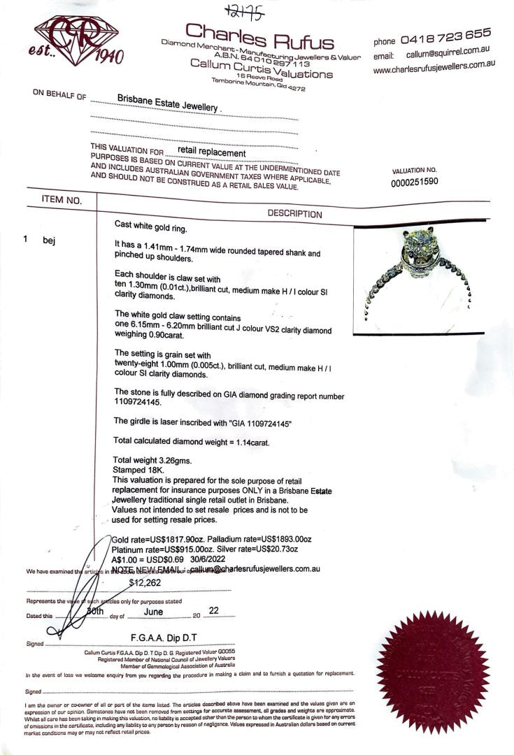 18ct White Gold 1.14ct Diamond Ring with GIA Report image 5