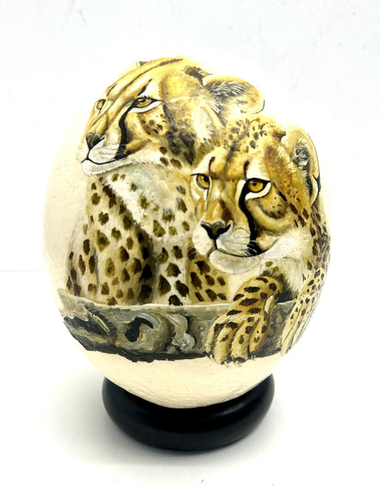 Hand Painted 'Cheetah Cubs Acinonyx Jubata' Ostrich Egg Shell image 1