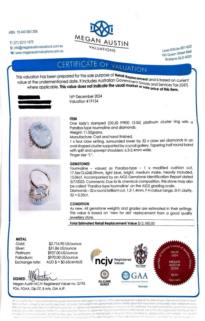 Platinum 15.06ct Paraiba Type & Diamond Cluster Ring image 5