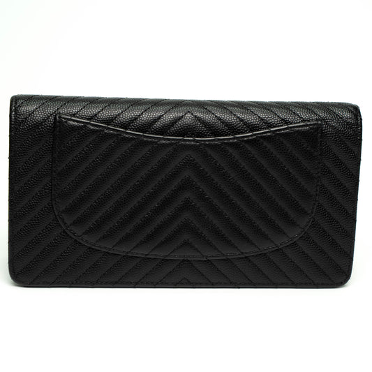 Chanel 2016 Black Chevron Quilted Caviar Leather Long Wallet
