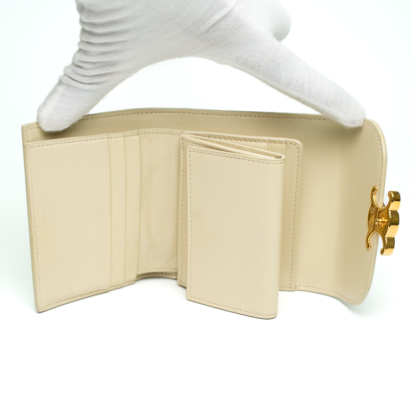 Celine Triomphe Compact Flap Wallet in Beige Calfskin Leather