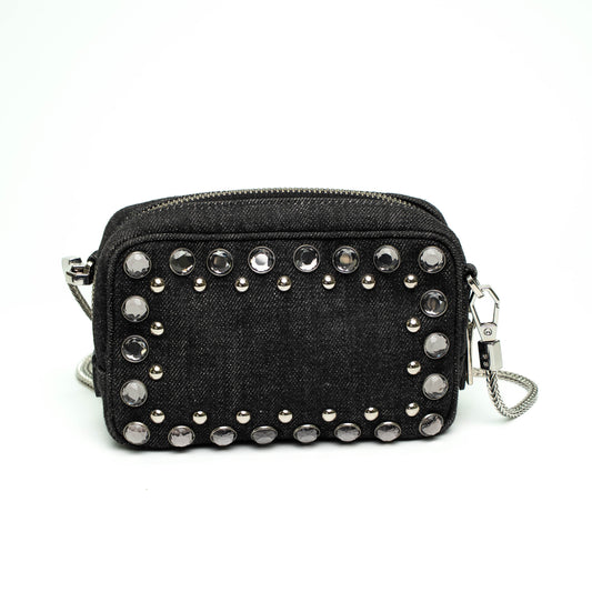 Prada Black Denim Studded Chain Crossbody Bag