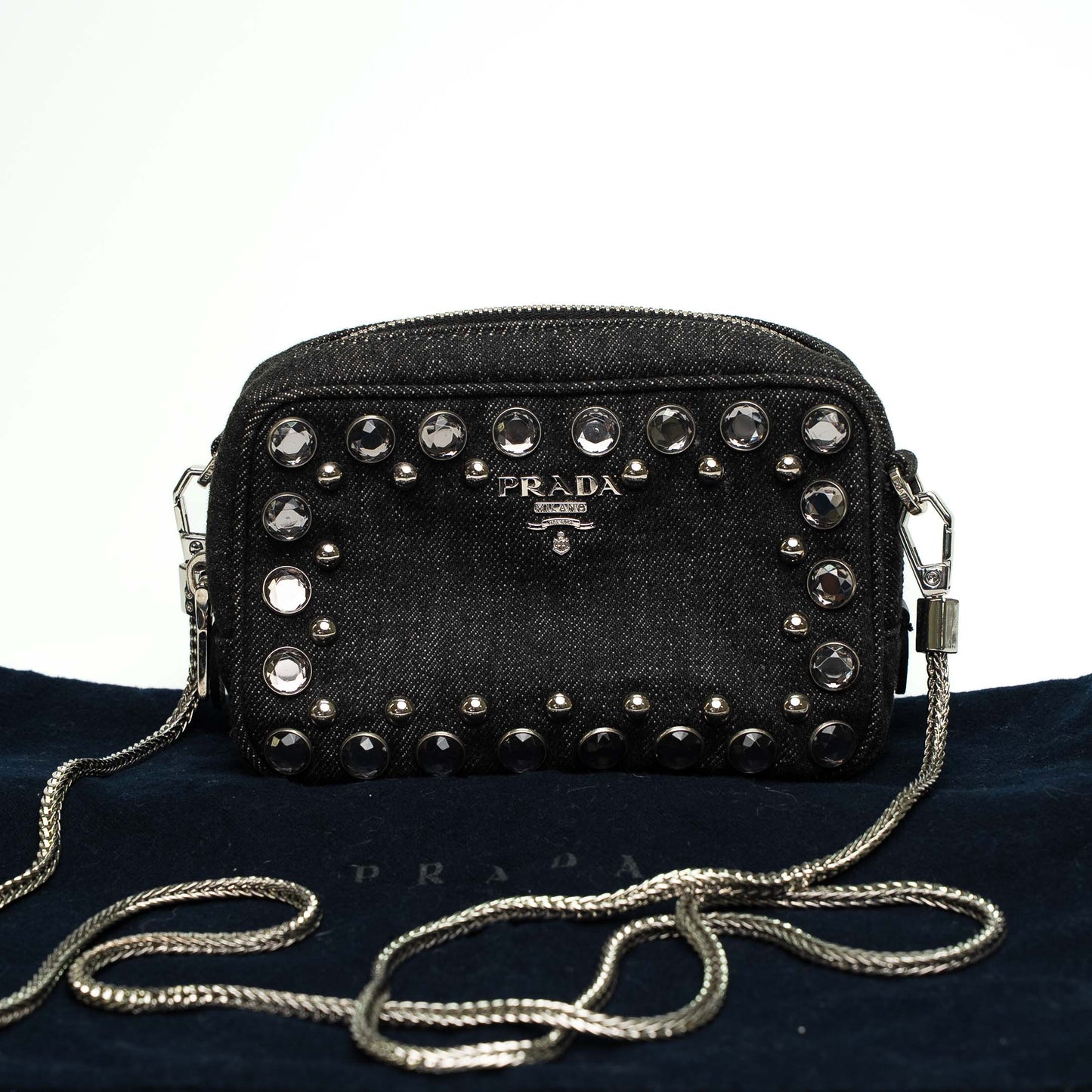 Prada Black Denim Studded Chain Crossbody Bag