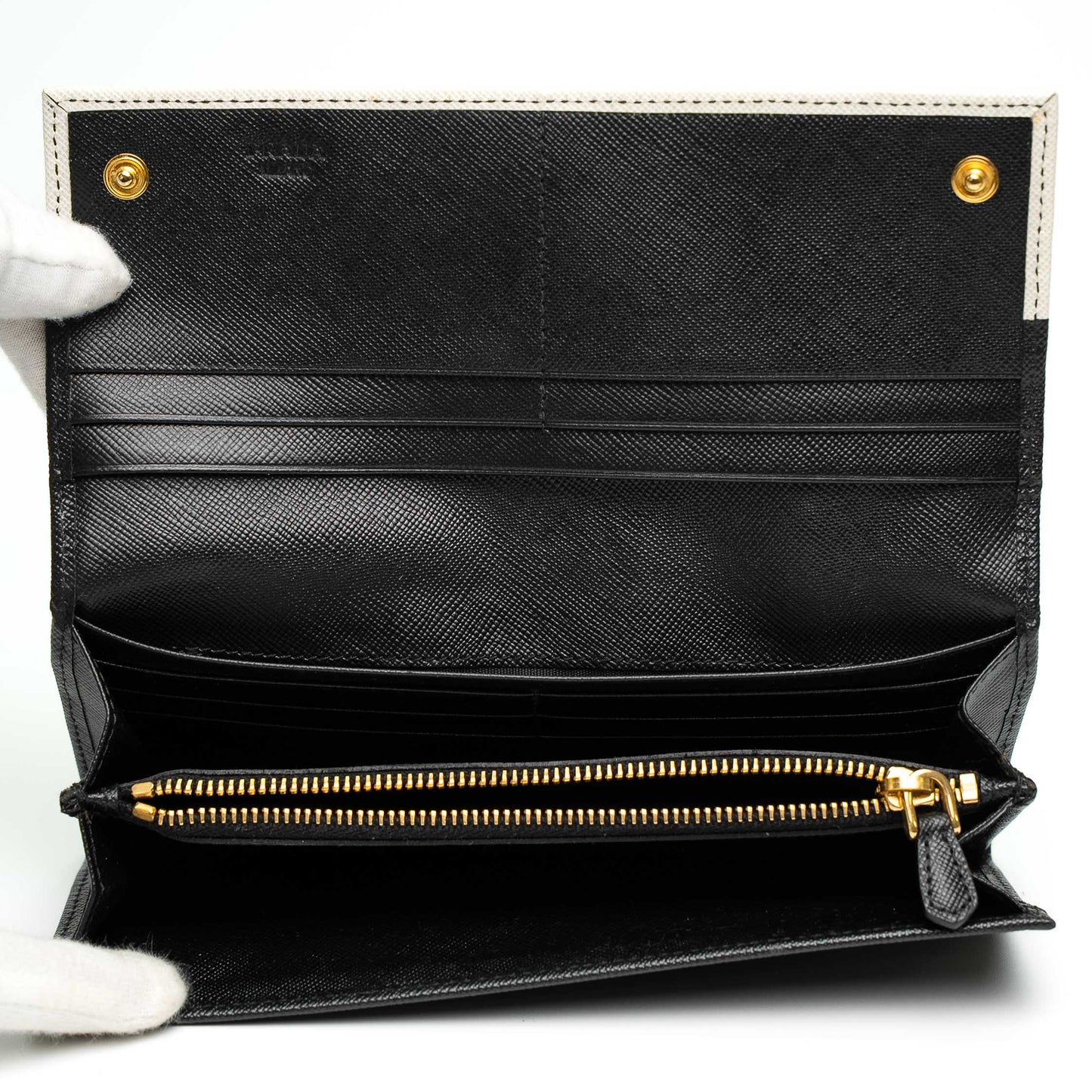 Prada Black & Cream Saffiano Leather Long Wallet