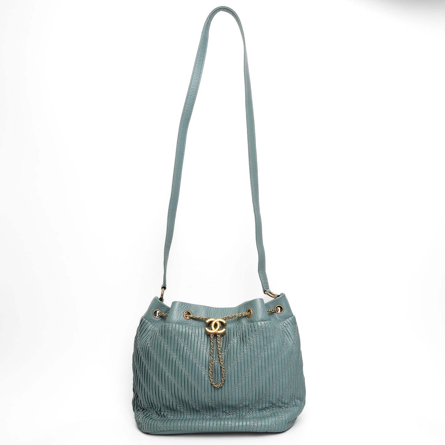 Chanel Pleated Drawstring Bucket Bag Mint Blue