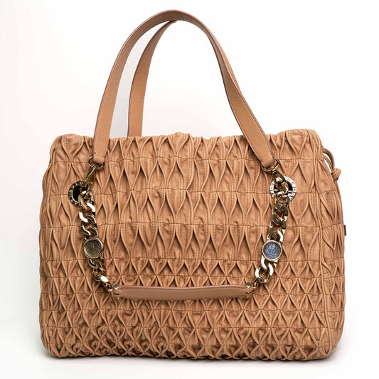 Bvlgari Willow Beige Pleated Leather Drawstring Tote Bag