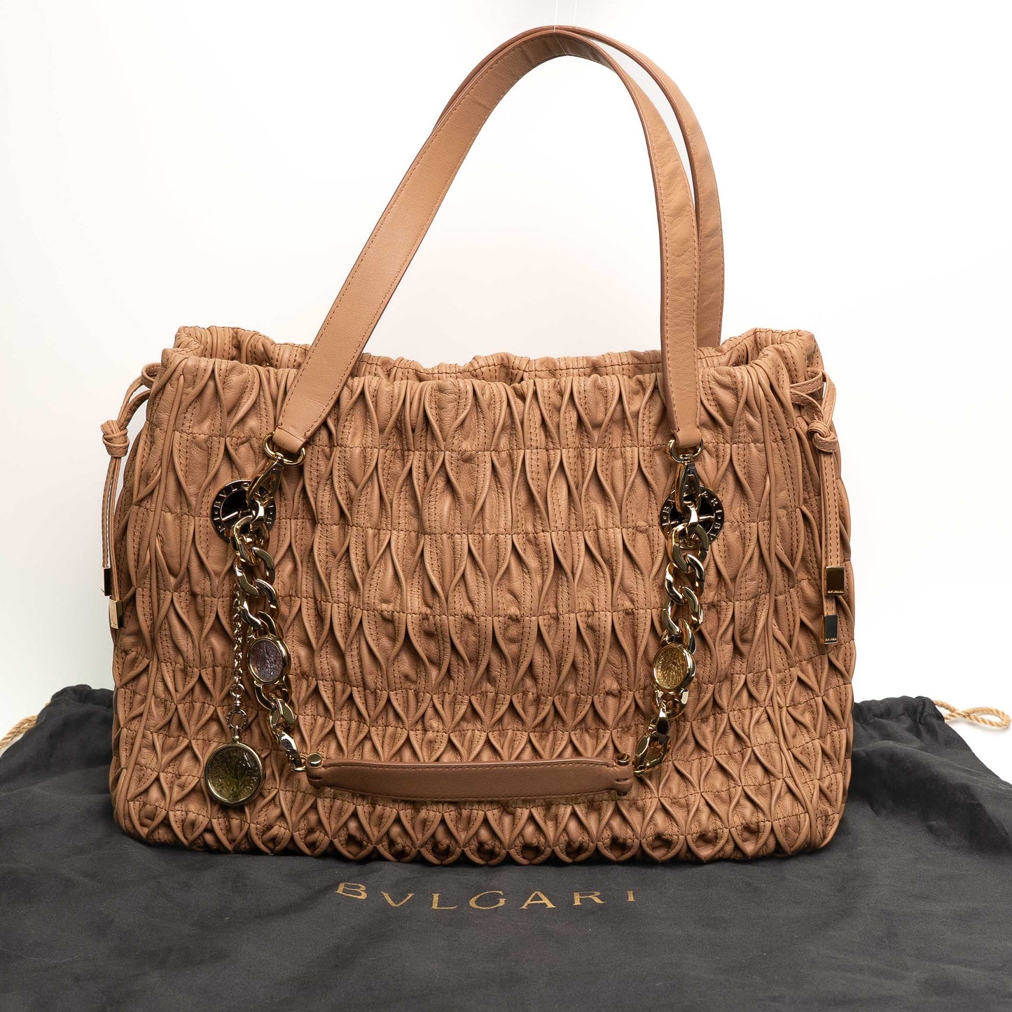Bvlgari Willow Beige Pleated Leather Drawstring Tote Bag