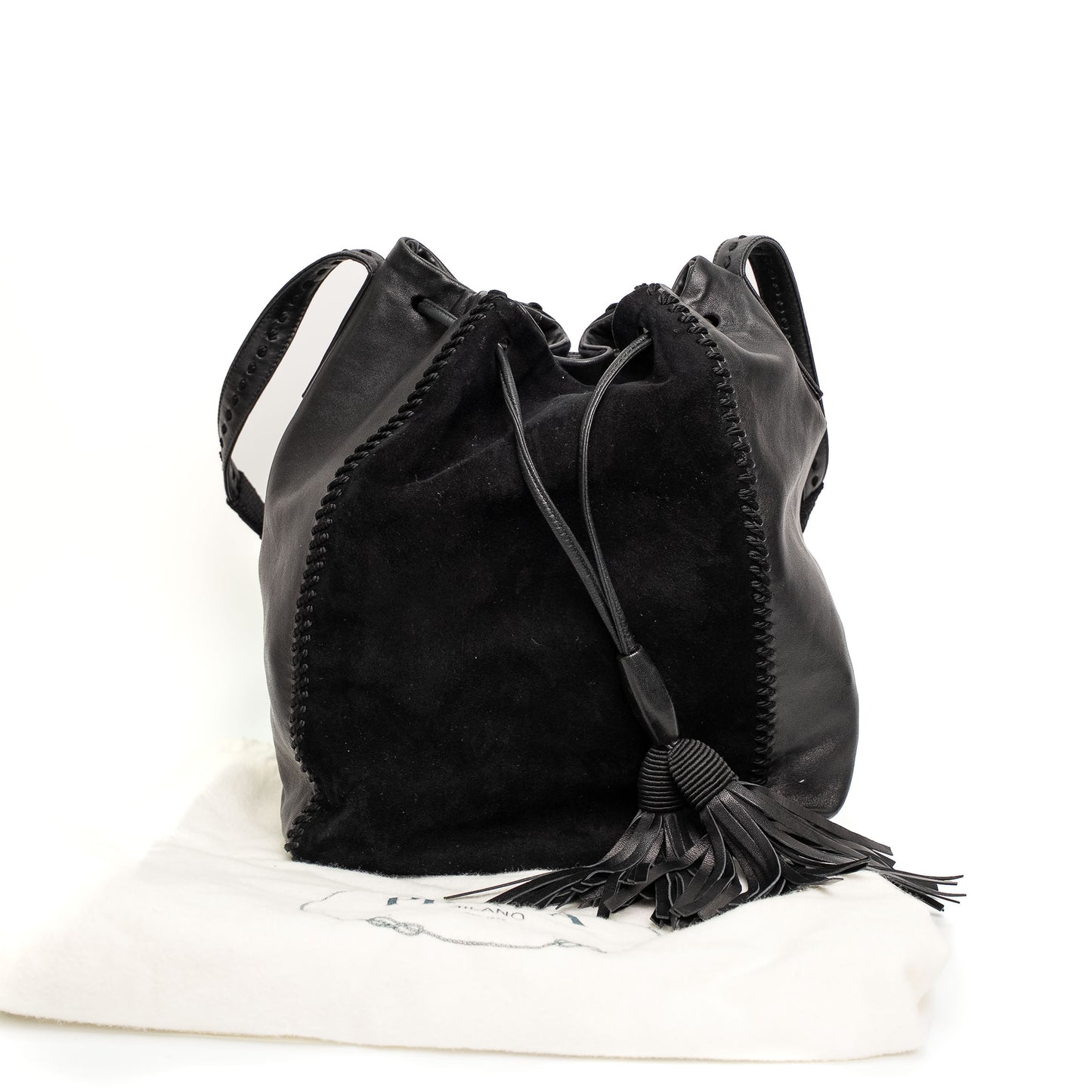 Prada Black Calf Leather Scamosciato Tassel Bucket Bag