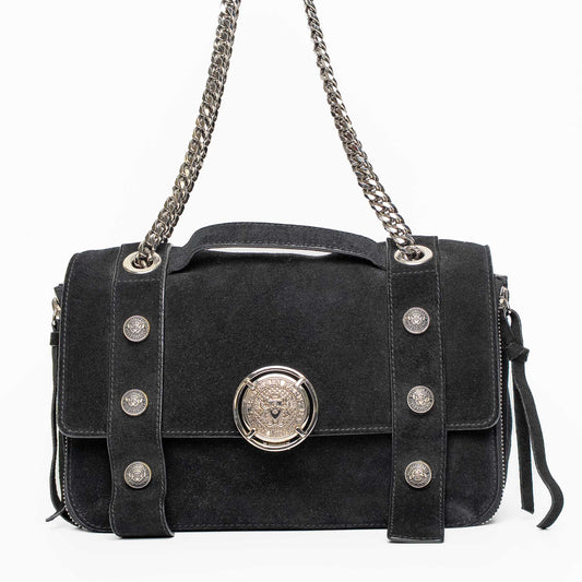 Balmain Paris Black Suede Medallion Chain Shoulder Flap Bag