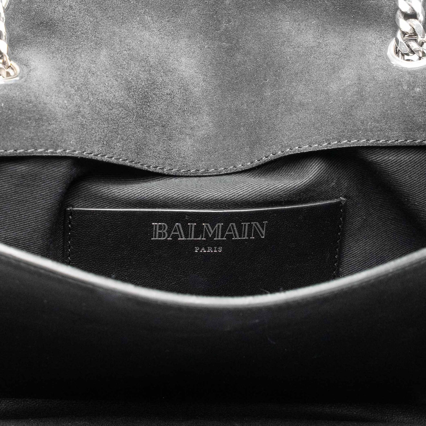 Balmain Paris Black Suede Medallion Chain Shoulder Flap Bag