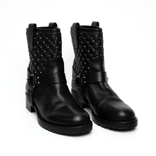Valentino Garavani Black Leather Studded Biker Boots