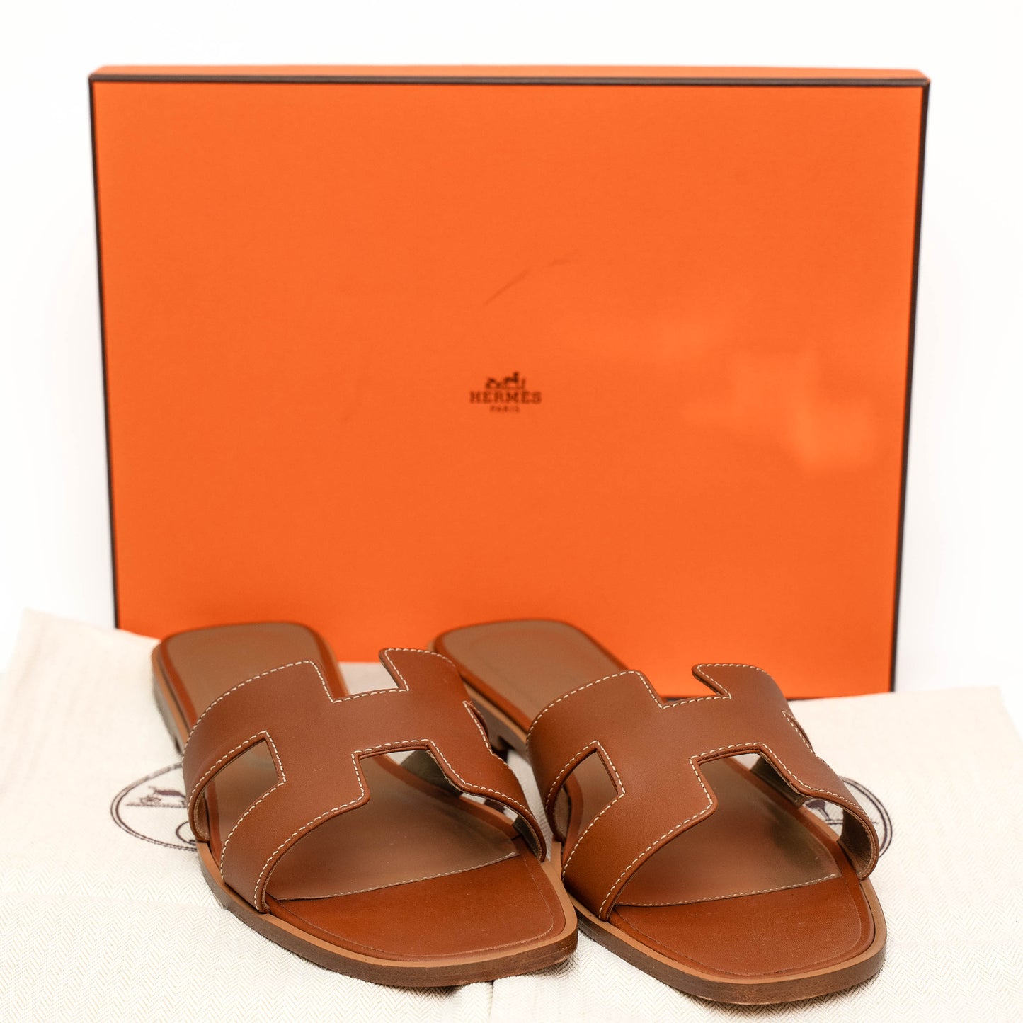 Hermès Oran Brown Calfskin Leather Slide Sandals