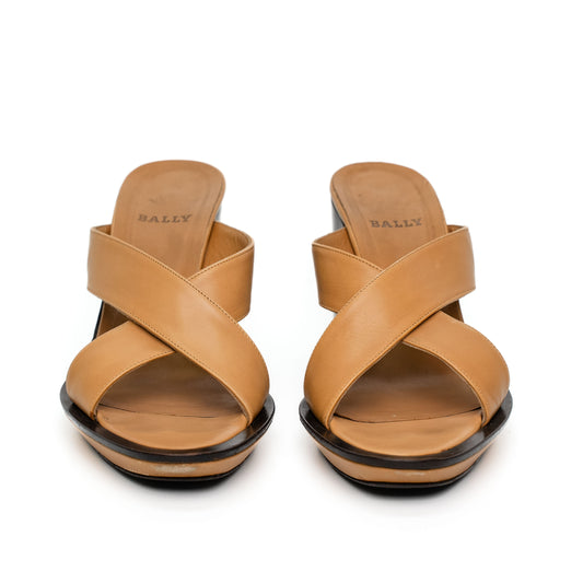 Bally Brown Leather Cross Strap Heeled Sandals