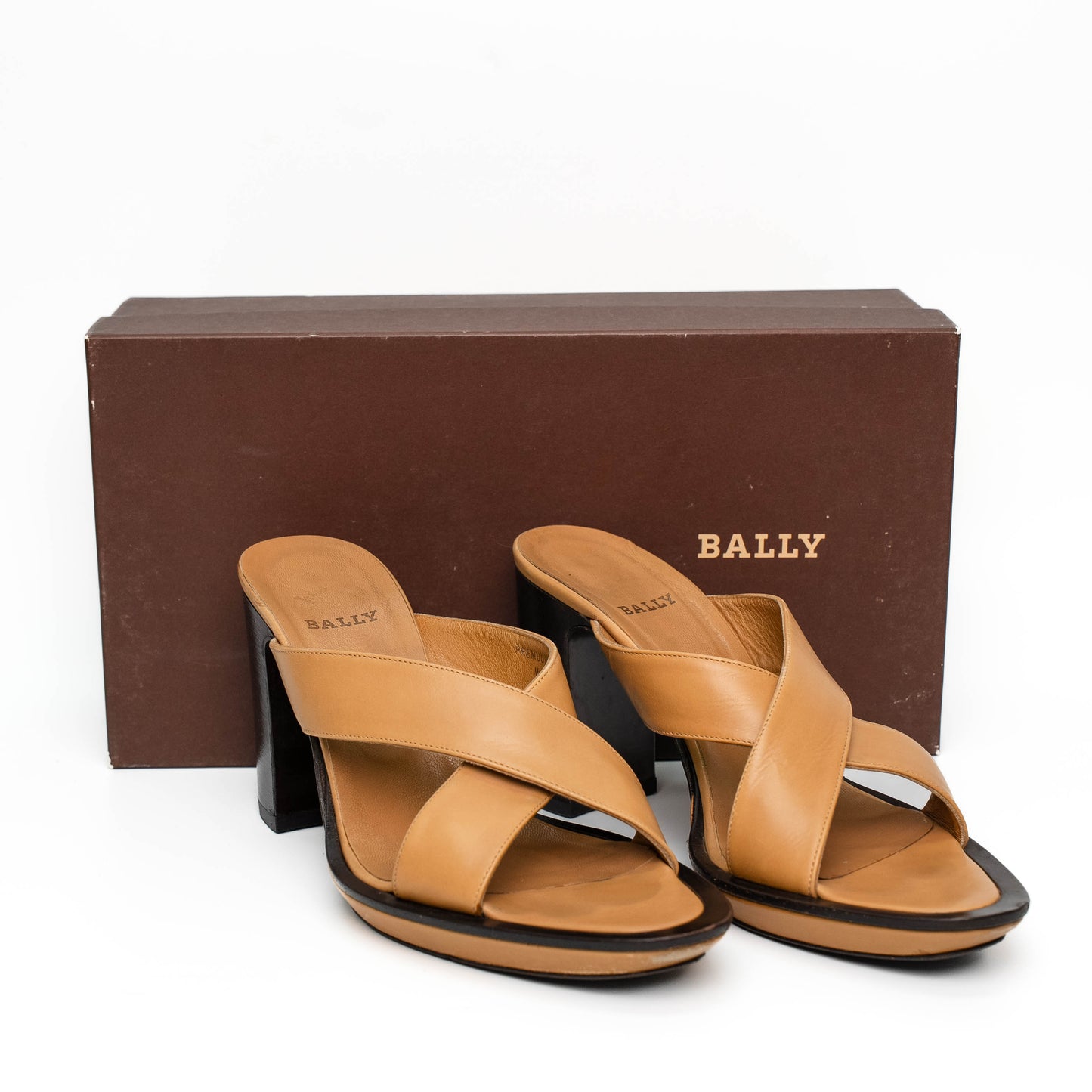Bally Brown Leather Cross Strap Heeled Sandals