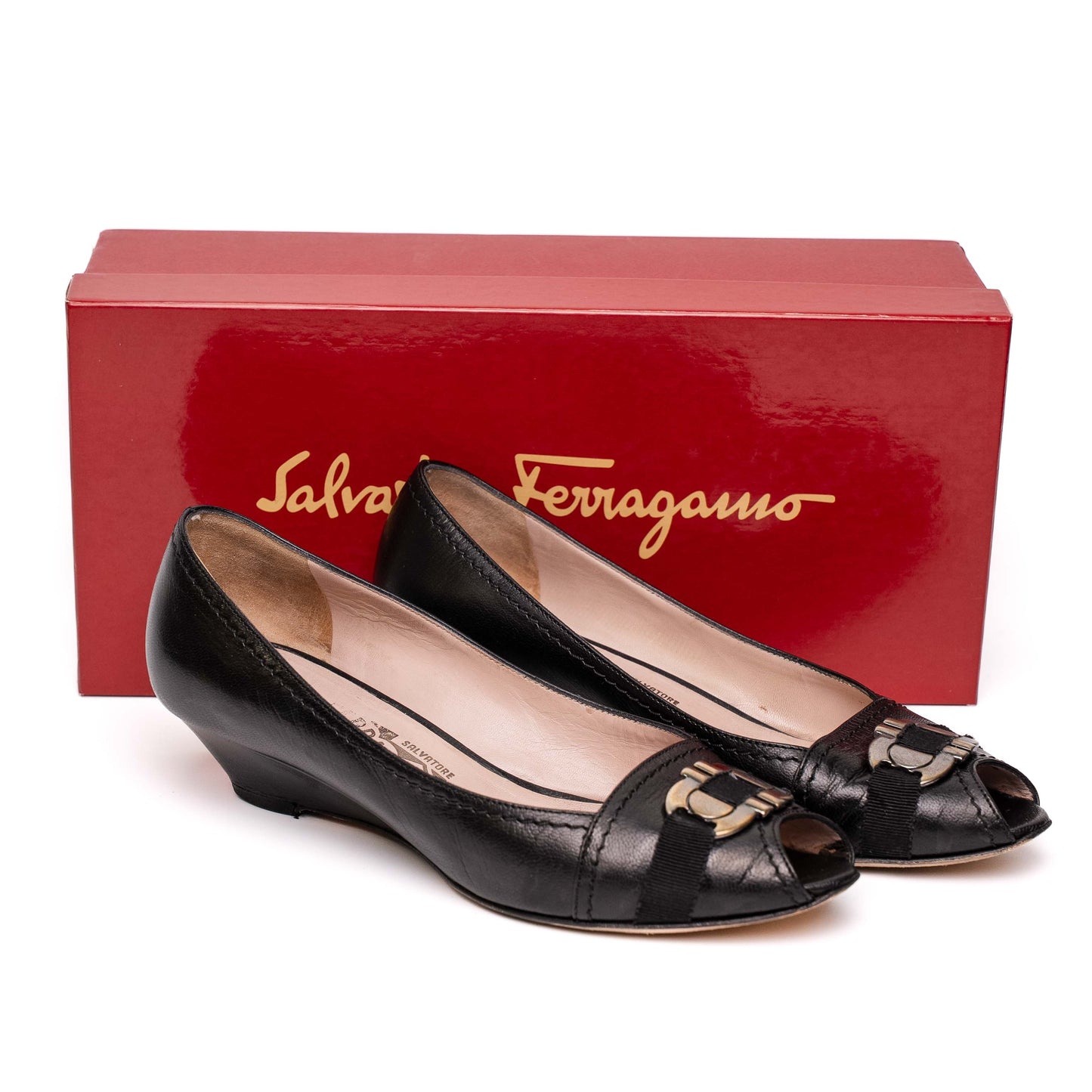 Salvatore Ferragamo Black Leather Wedge Heels