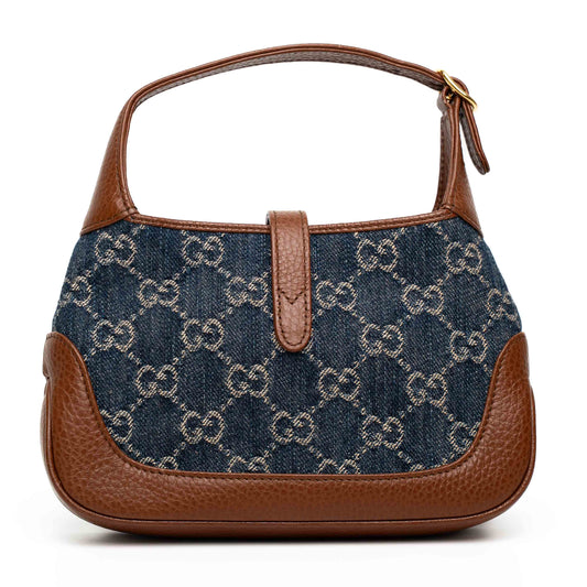 Gucci Jackie 1961 GG Denim Brown Leather Shoulder Bag