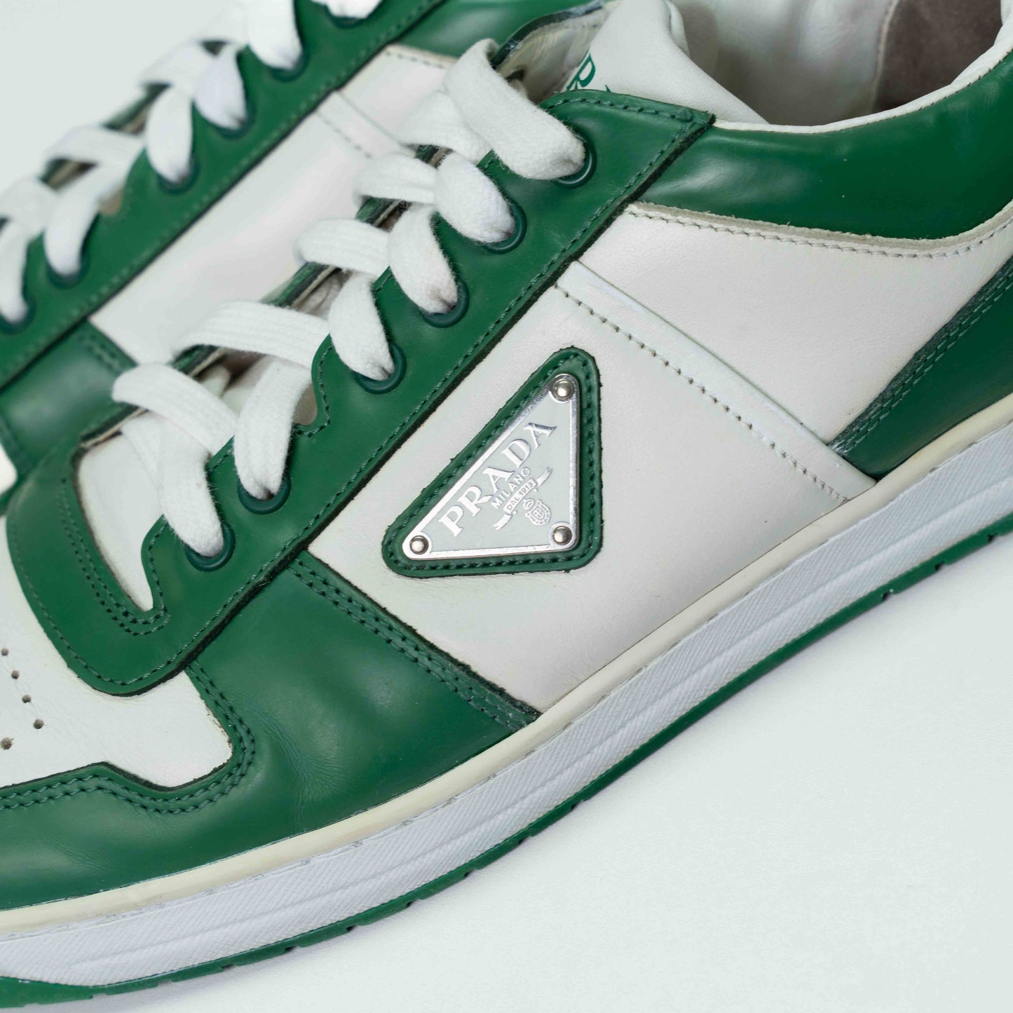 Prada Downtown Green & White Leather Sneakers