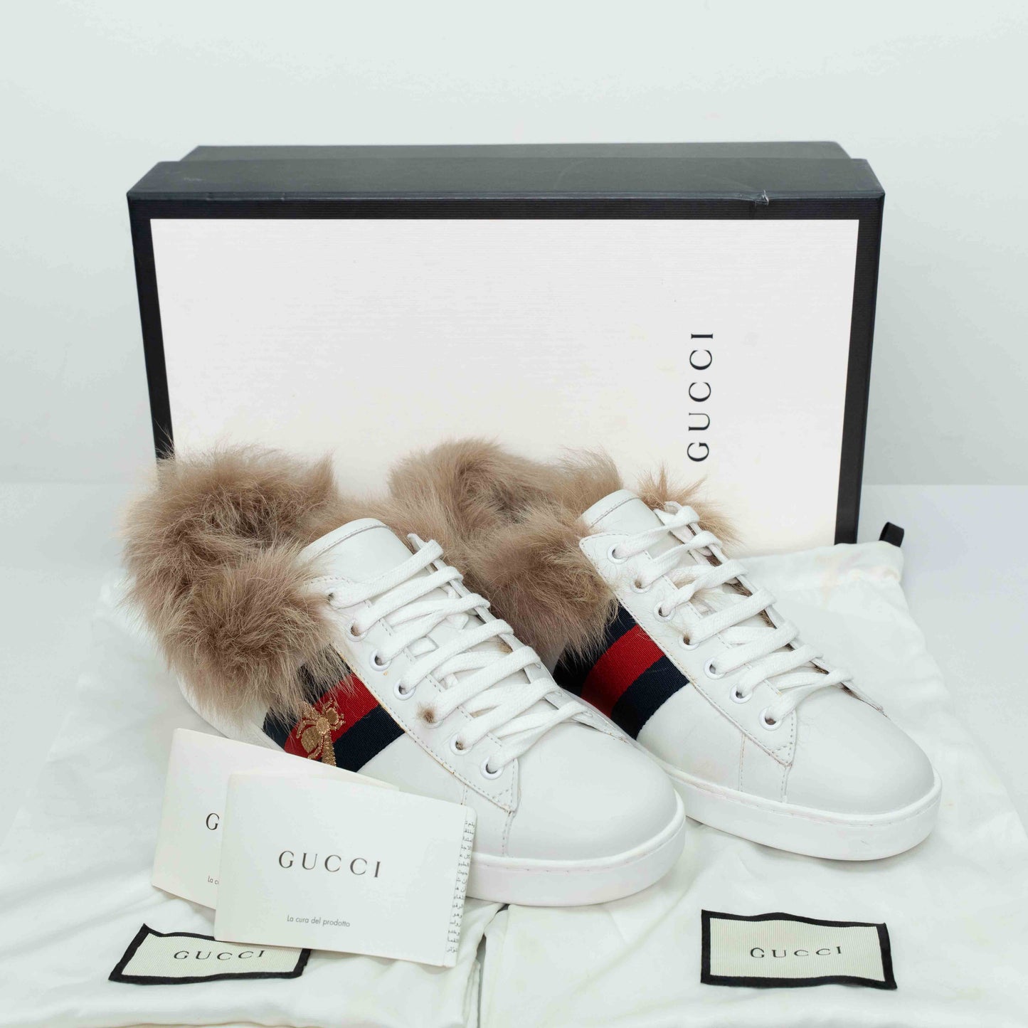 Gucci Ace Fur White Leather Bee Sneakers