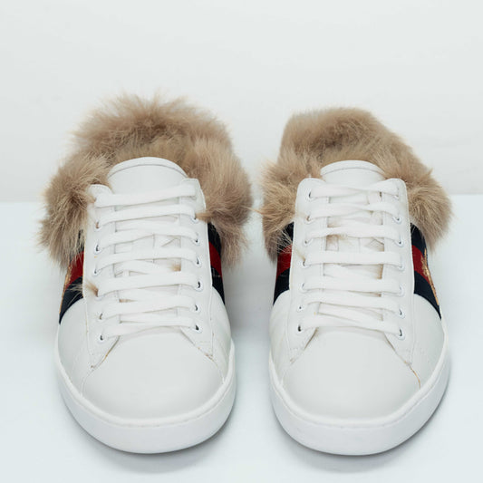 Gucci Ace Fur White Leather Bee Sneakers