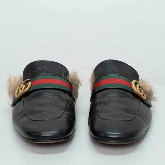 Gucci Princetown Black Leather Fur Mules