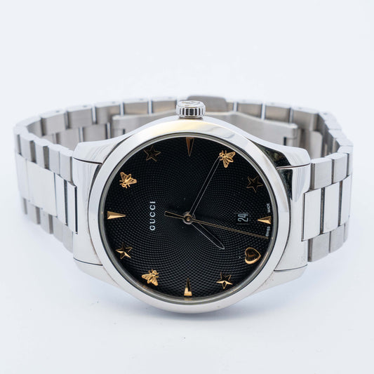 Gucci G-Timeless Black Dial Gold Motif Watch
