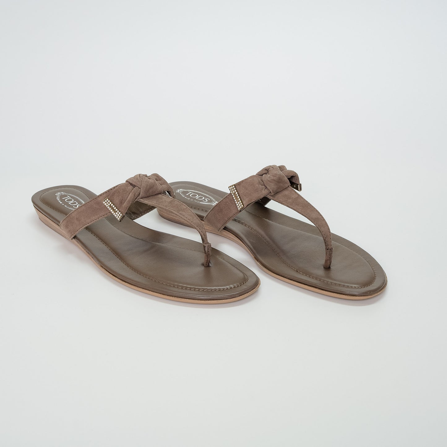 Tod’s Taupe Suede Fiocco Strass Knot Sandals