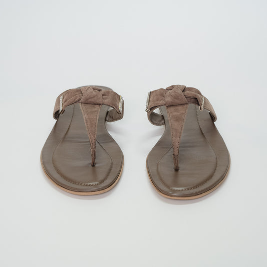 Tod’s Taupe Suede Fiocco Strass Knot Sandals