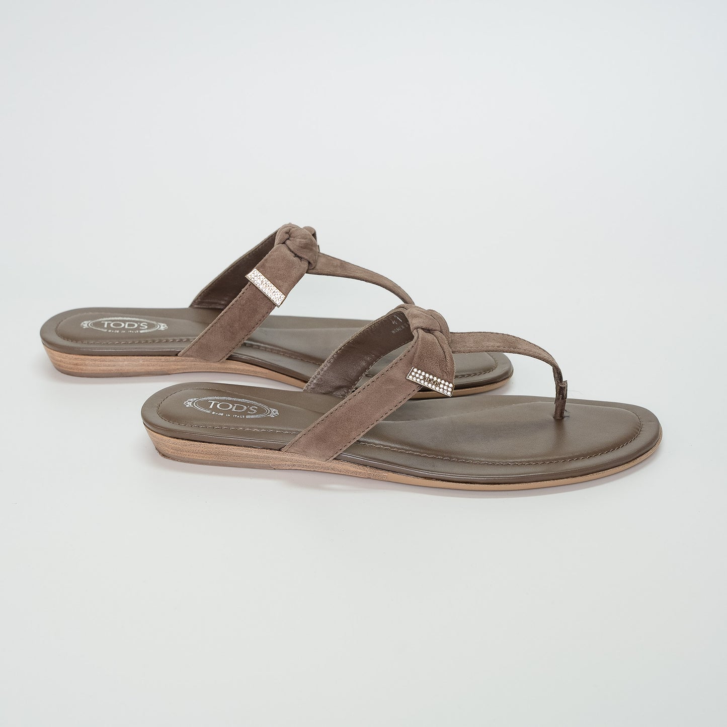 Tod’s Taupe Suede Fiocco Strass Knot Sandals