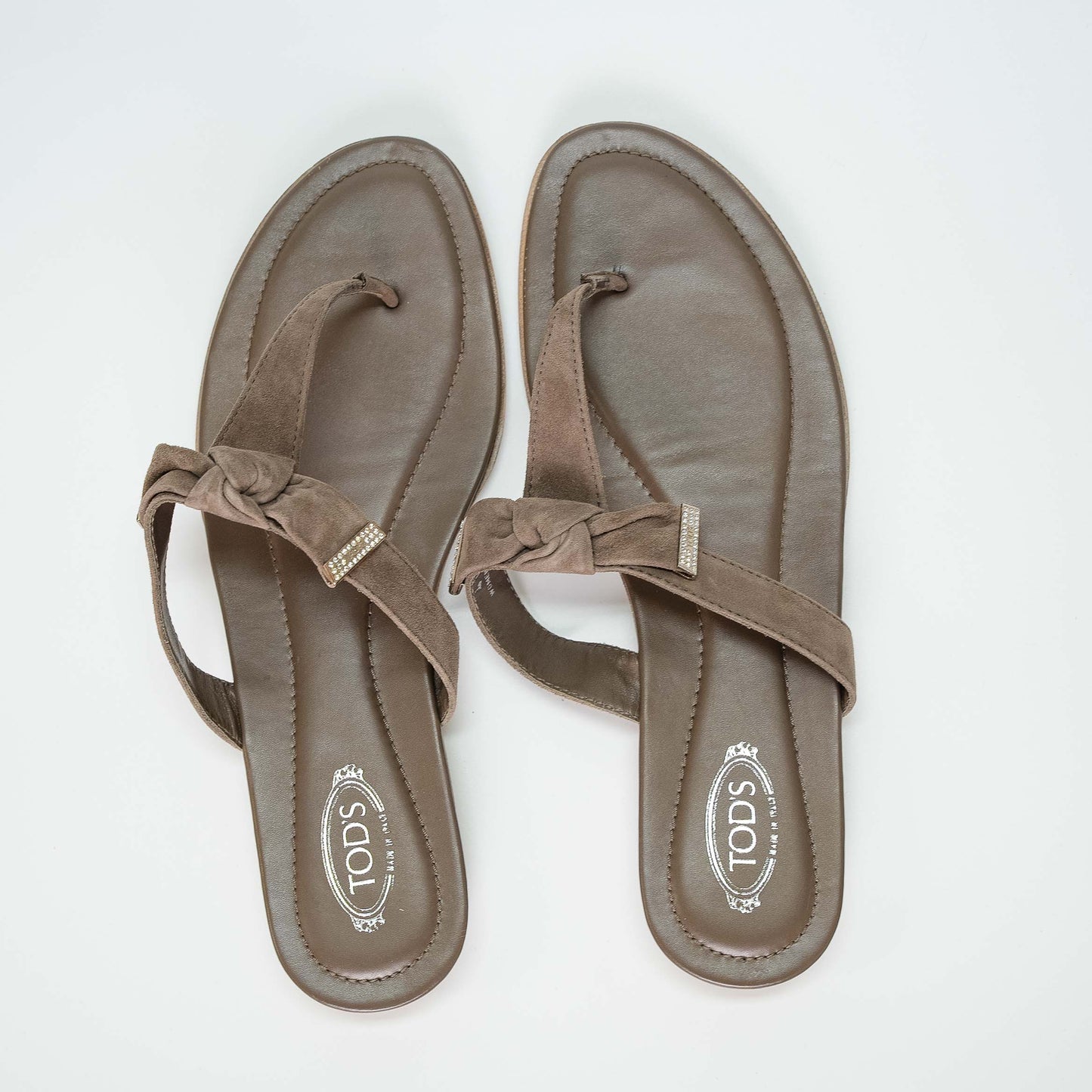 Tod’s Taupe Suede Fiocco Strass Knot Sandals