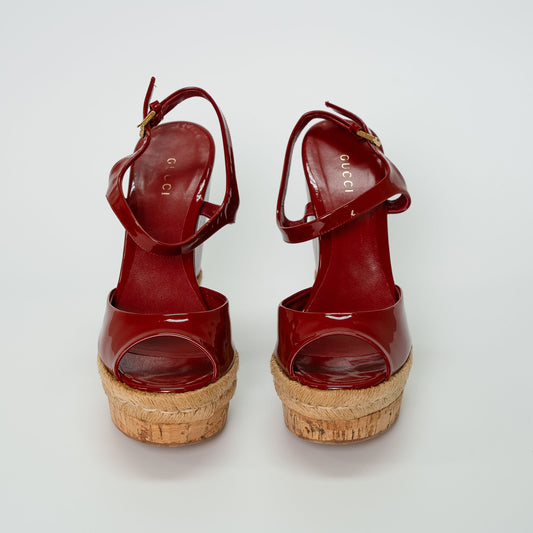 Gucci Vernice Red Microguccissima Patent Wedge Sandals