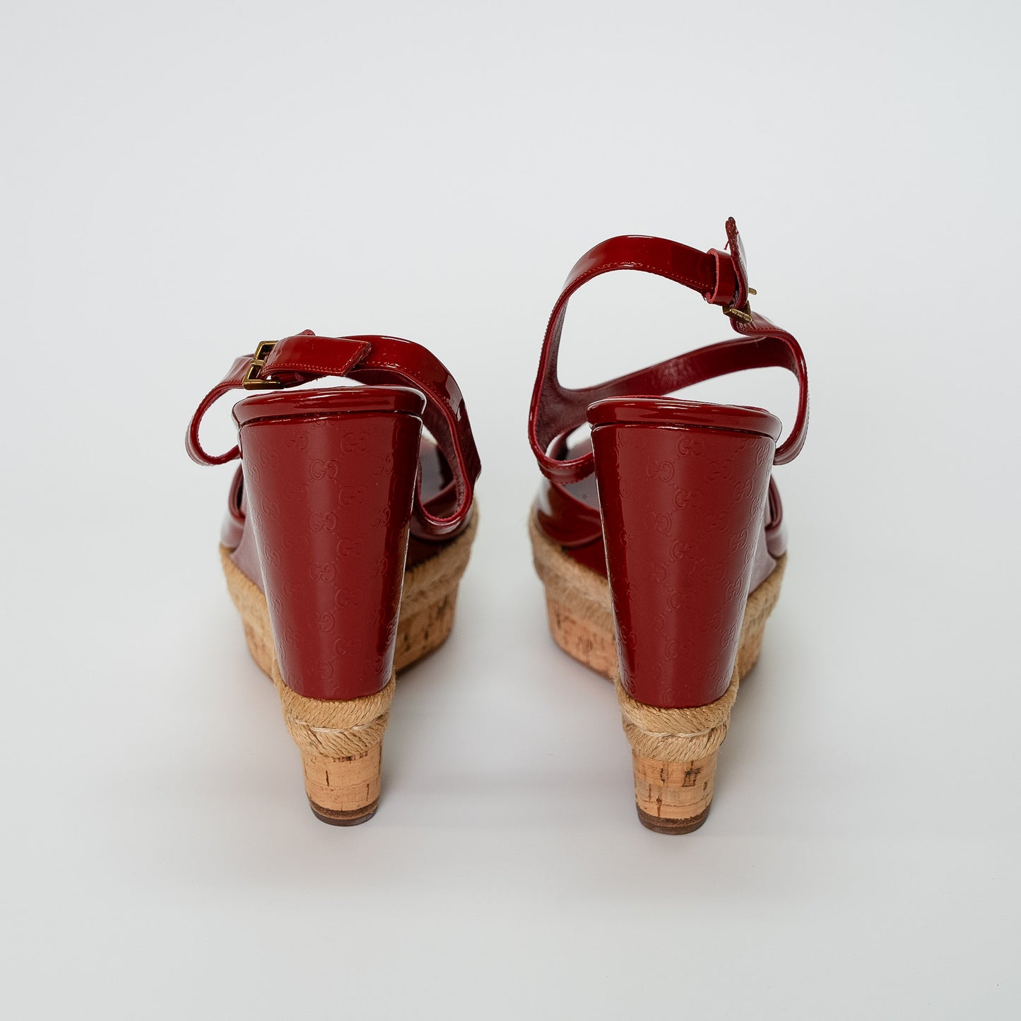 Gucci Vernice Red Microguccissima Patent Wedge Sandals