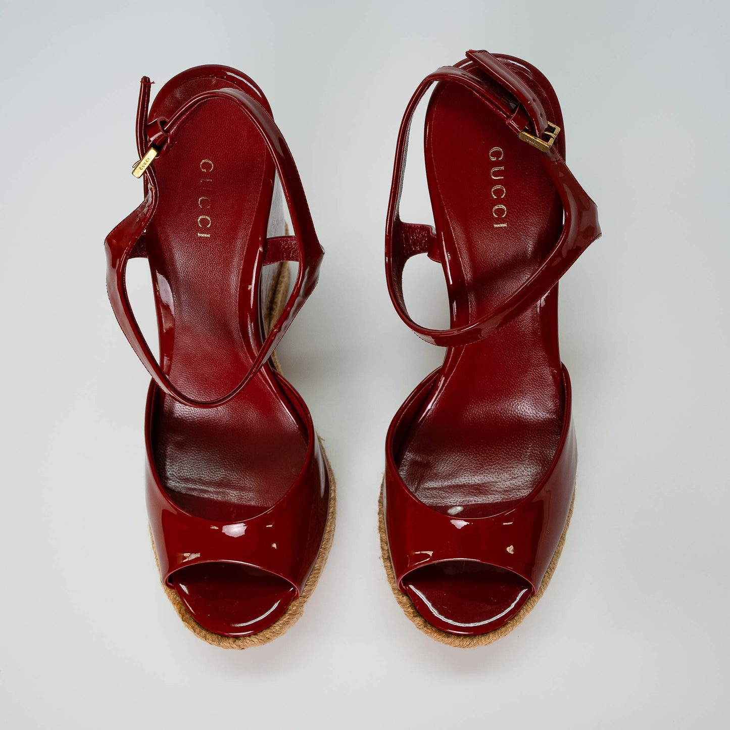Gucci Vernice Red Microguccissima Patent Wedge Sandals