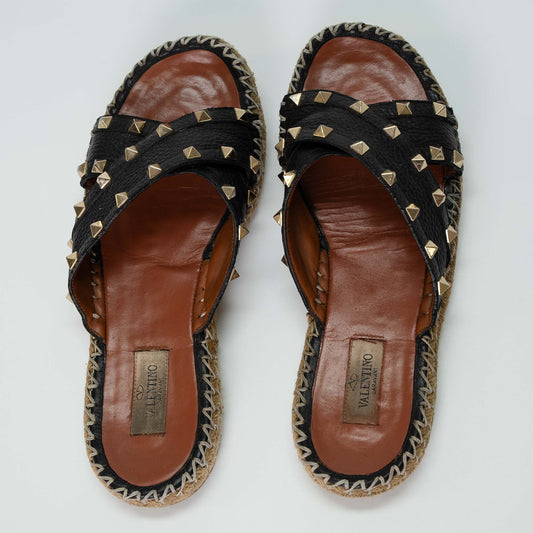 Valentino Garavani Rockstud Black Criss Cross Espadrille Sandals