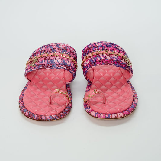 Chanel Raffia Lambskin Woven Chain CC Toe Ring Sandals
