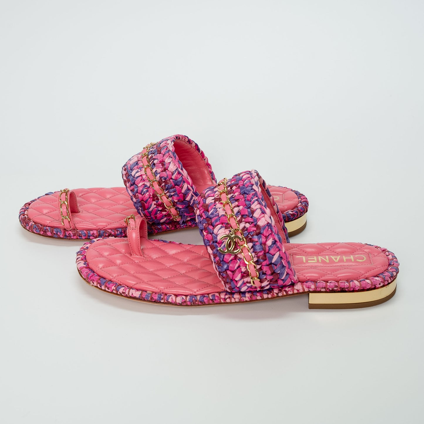 Chanel Raffia Lambskin Woven Chain CC Toe Ring Sandals