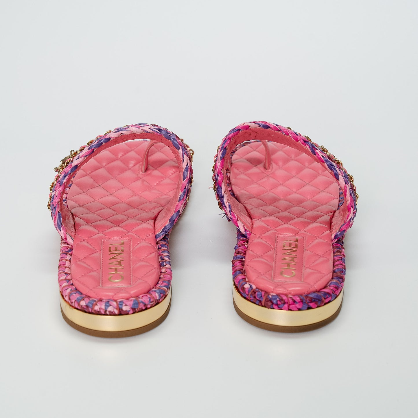 Chanel Raffia Lambskin Woven Chain CC Toe Ring Sandals