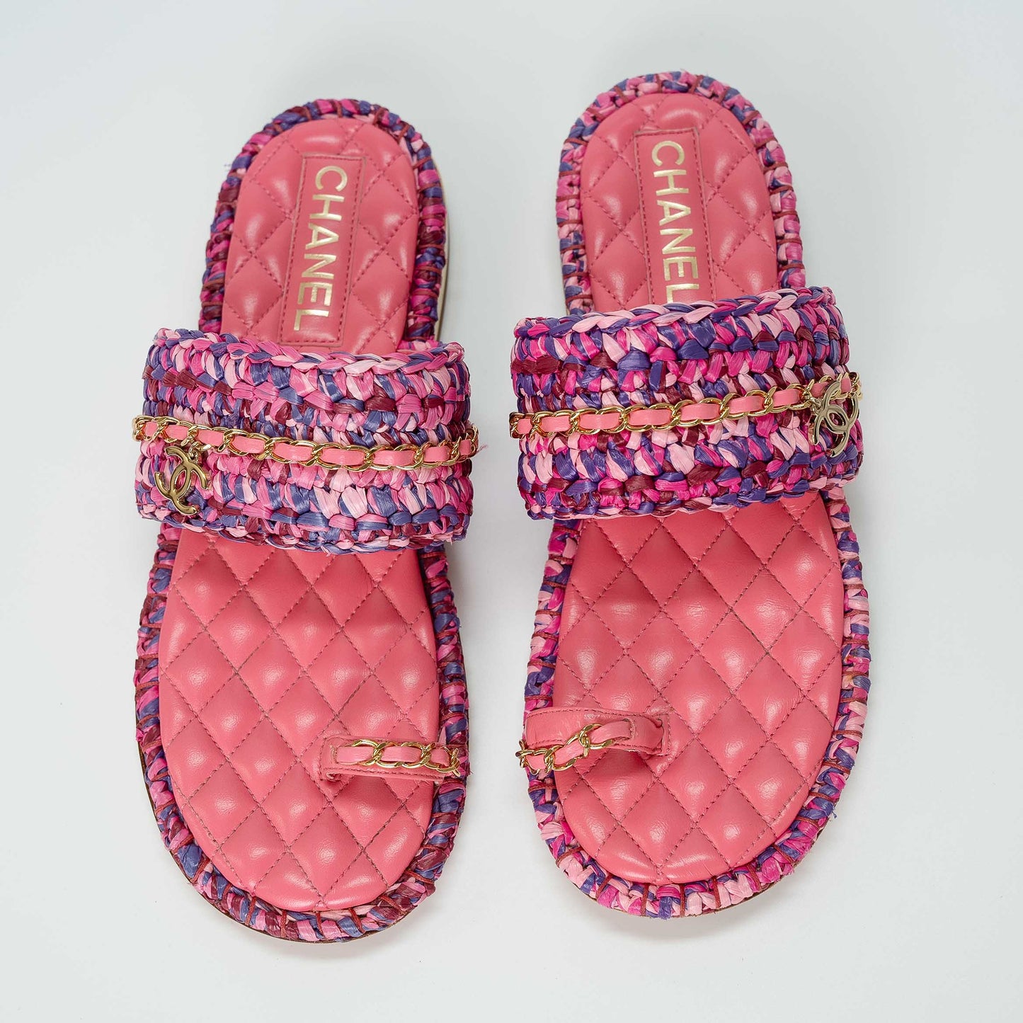 Chanel Raffia Lambskin Woven Chain CC Toe Ring Sandals