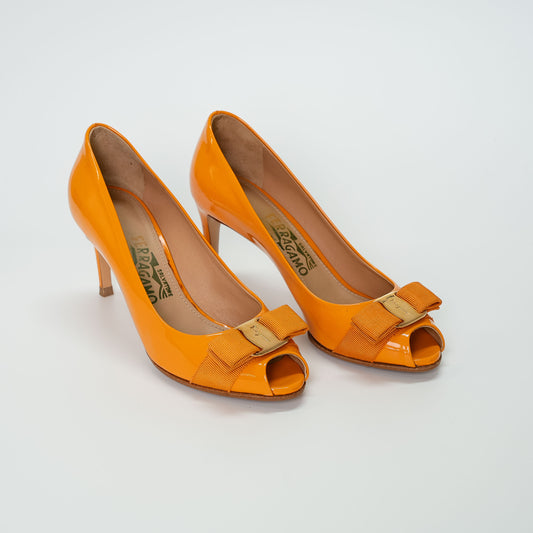 Salvatore Ferragamo Orange Patent Vara Bow Flats