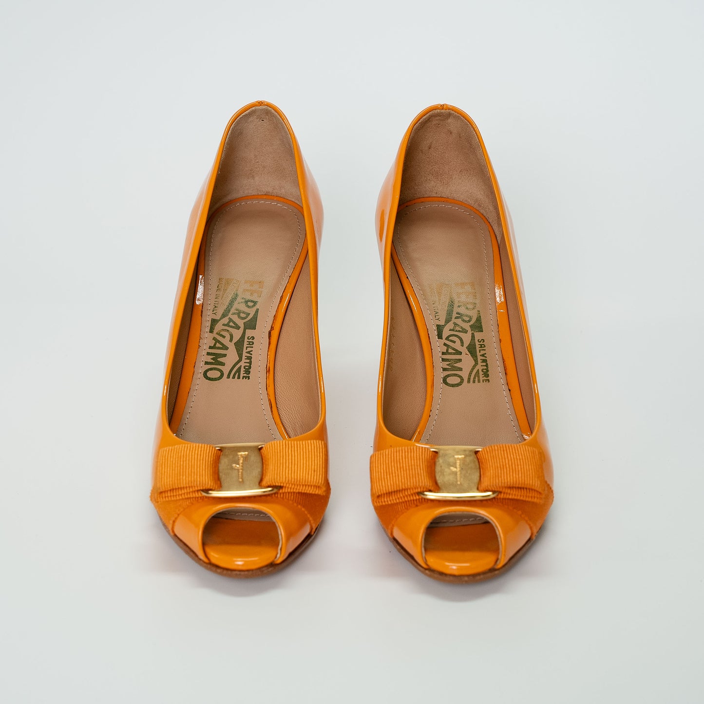 Salvatore Ferragamo Orange Patent Vara Bow Flats