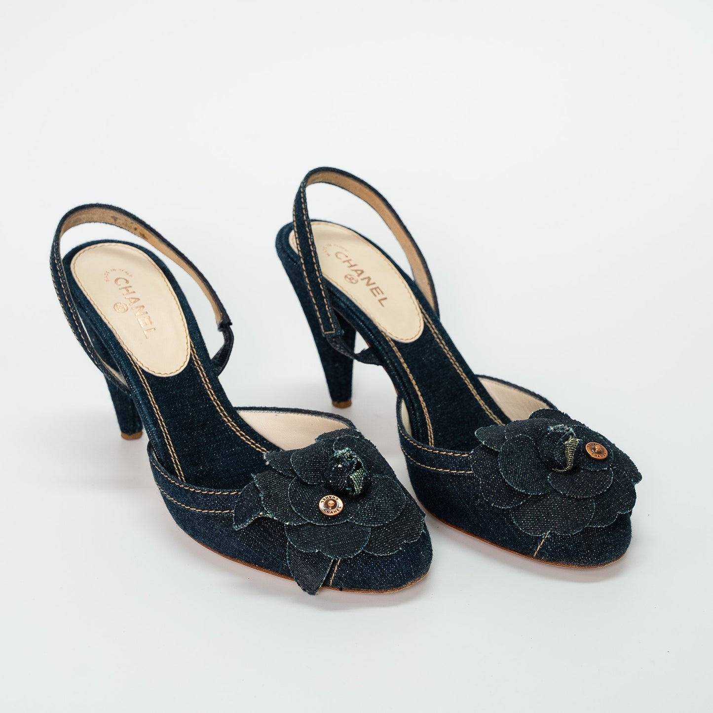 Chanel Camellia Denim Slingback Heels