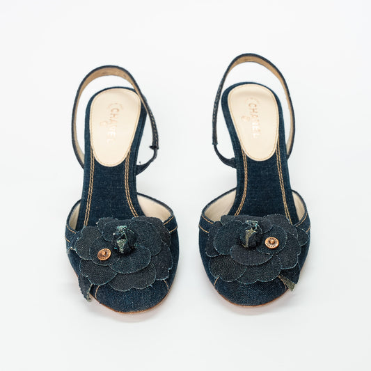 Chanel Camellia Denim Slingback Heels