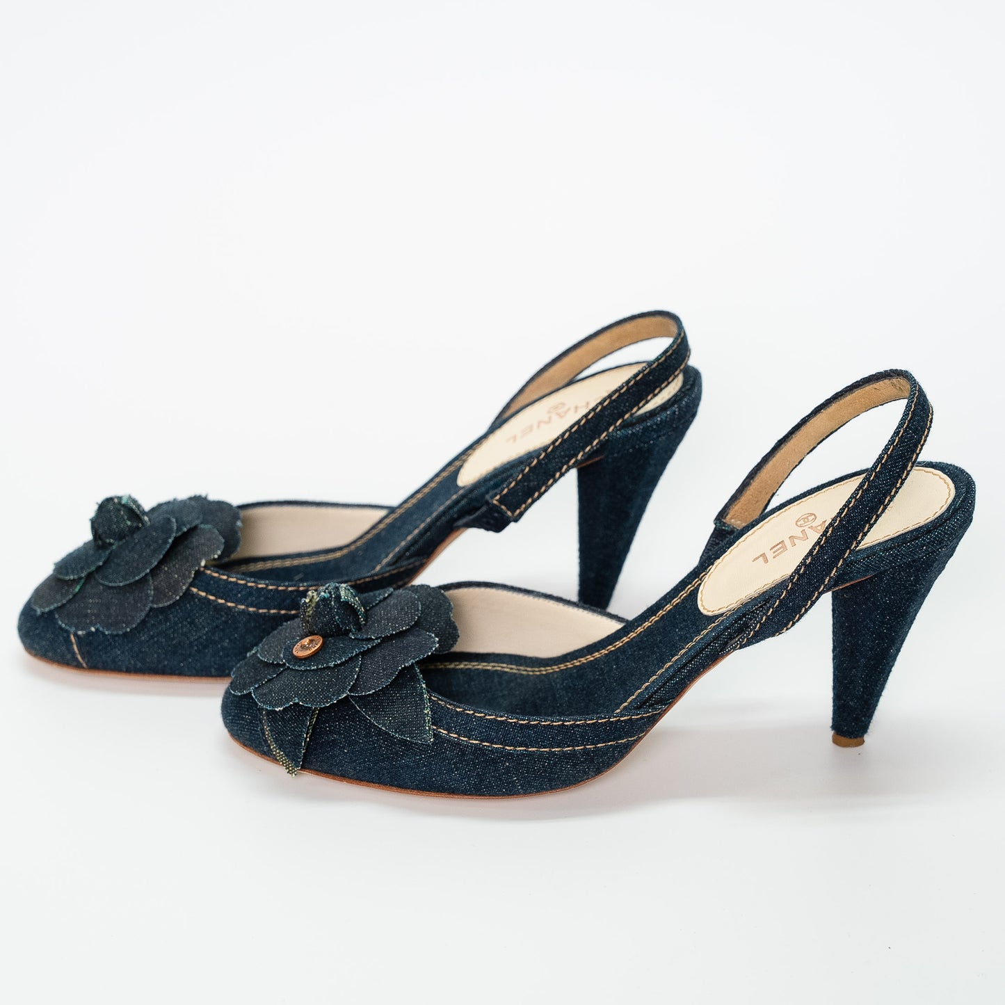 Chanel Camellia Denim Slingback Heels