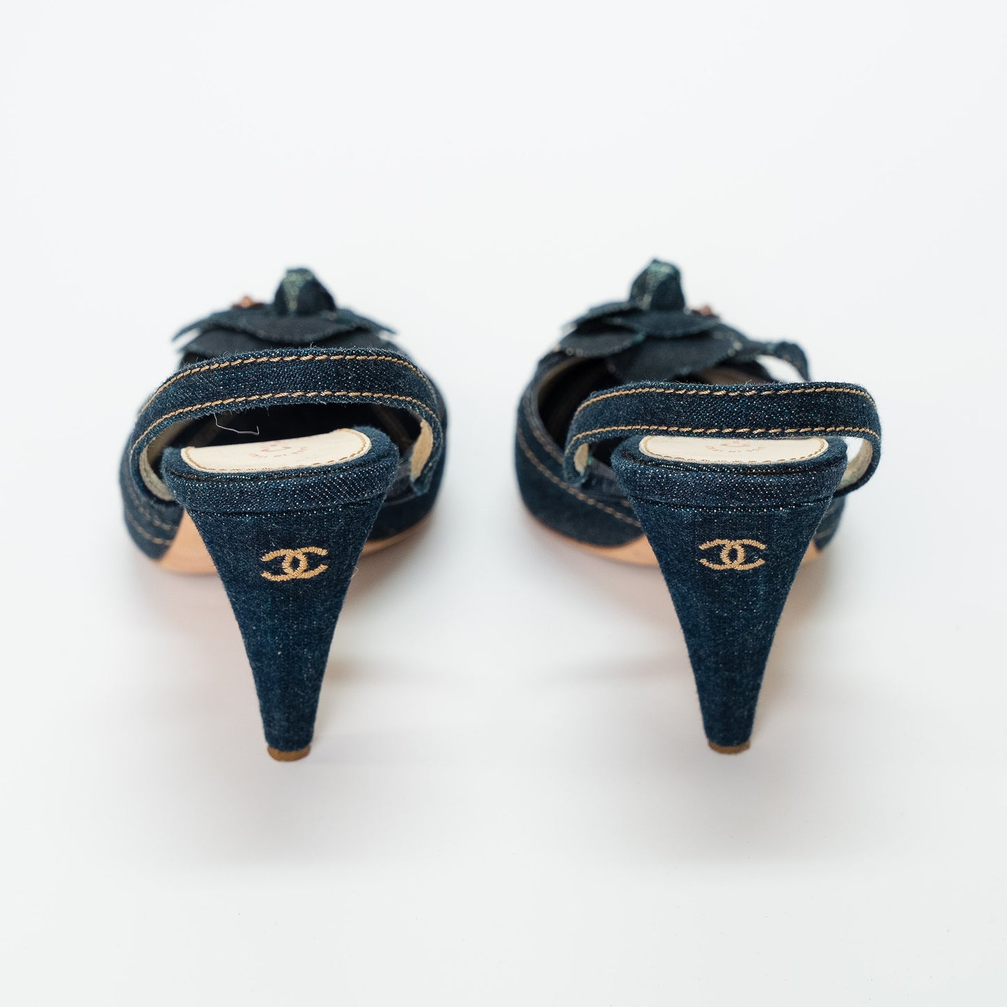 Chanel Camellia Denim Slingback Heels