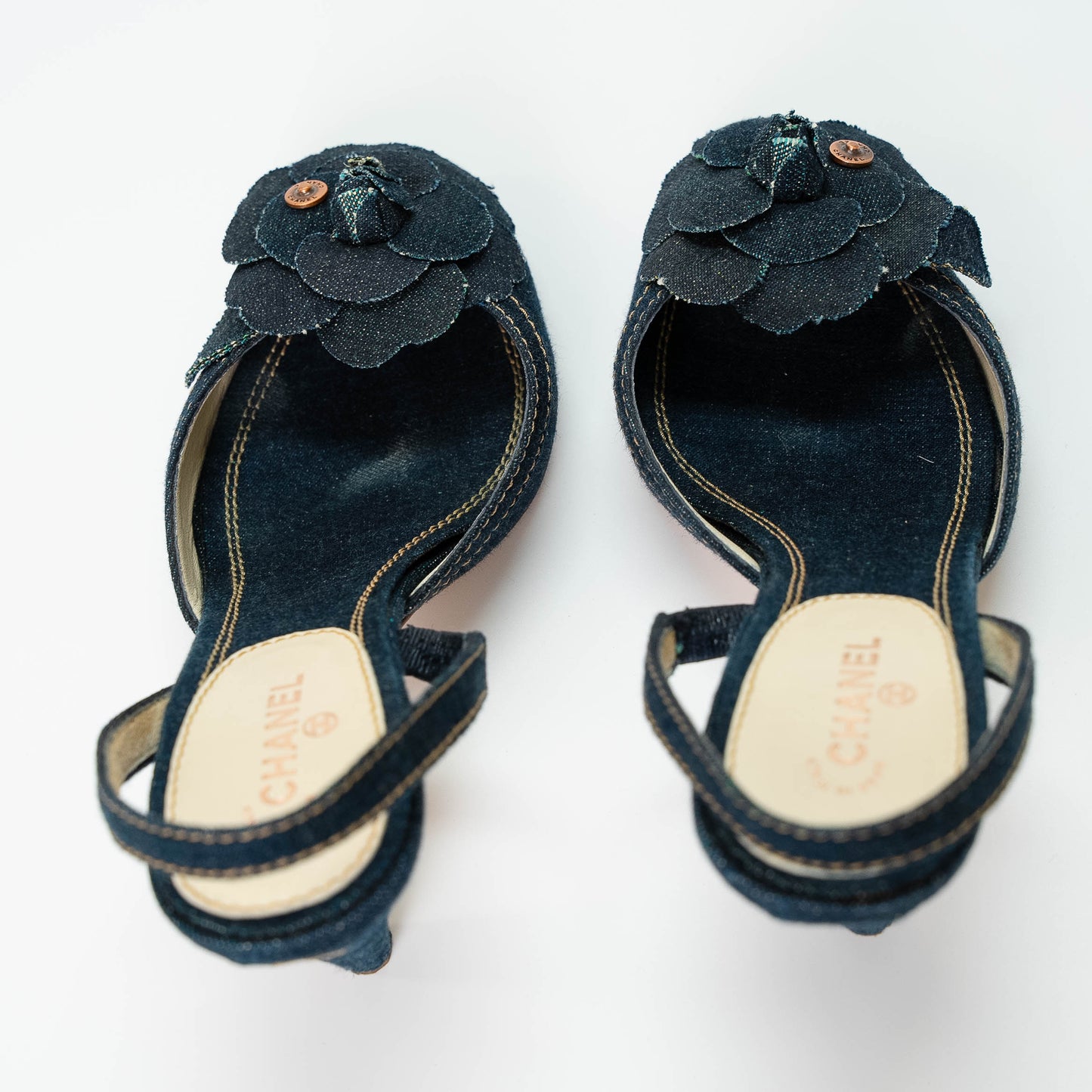 Chanel Camellia Denim Slingback Heels
