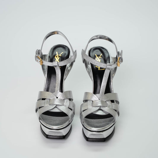 Saint Laurent Tribute 105 Metallic Silver Platform Sandals