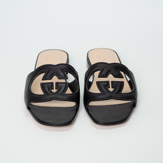 Gucci Black Leather GG Slide Sandals